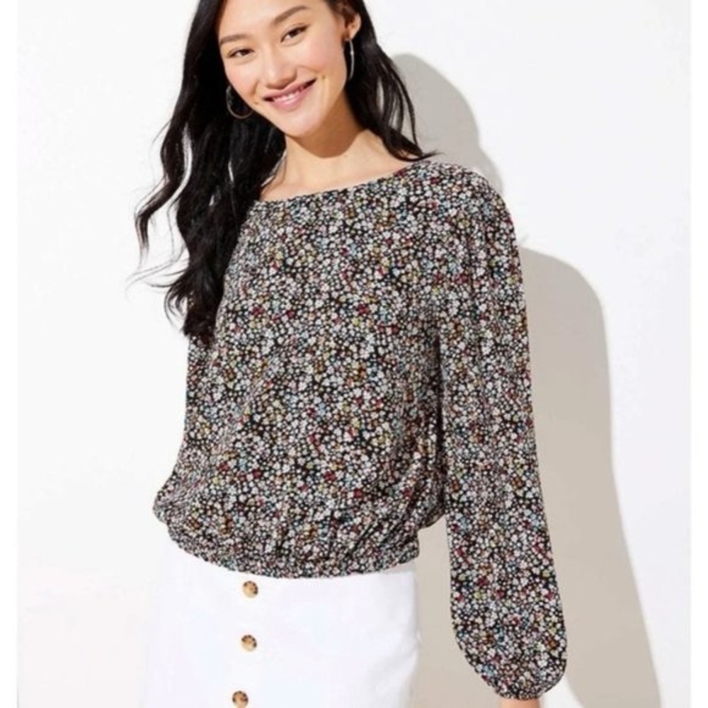 Loft Garden Wrap Back Floral Top Women Black Petite Medium Elastic Cuffs‎ Blouse